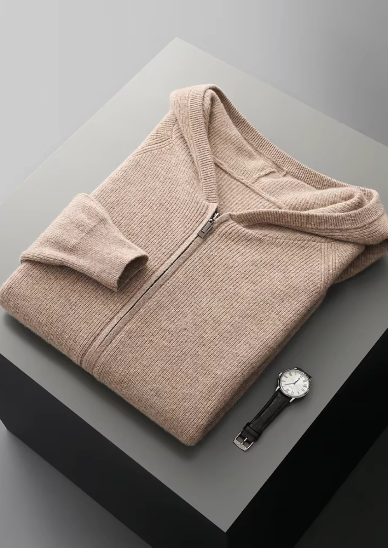 PURE EXTRA-FINE MERINO WOOL RIBBED ZIP HOODIE