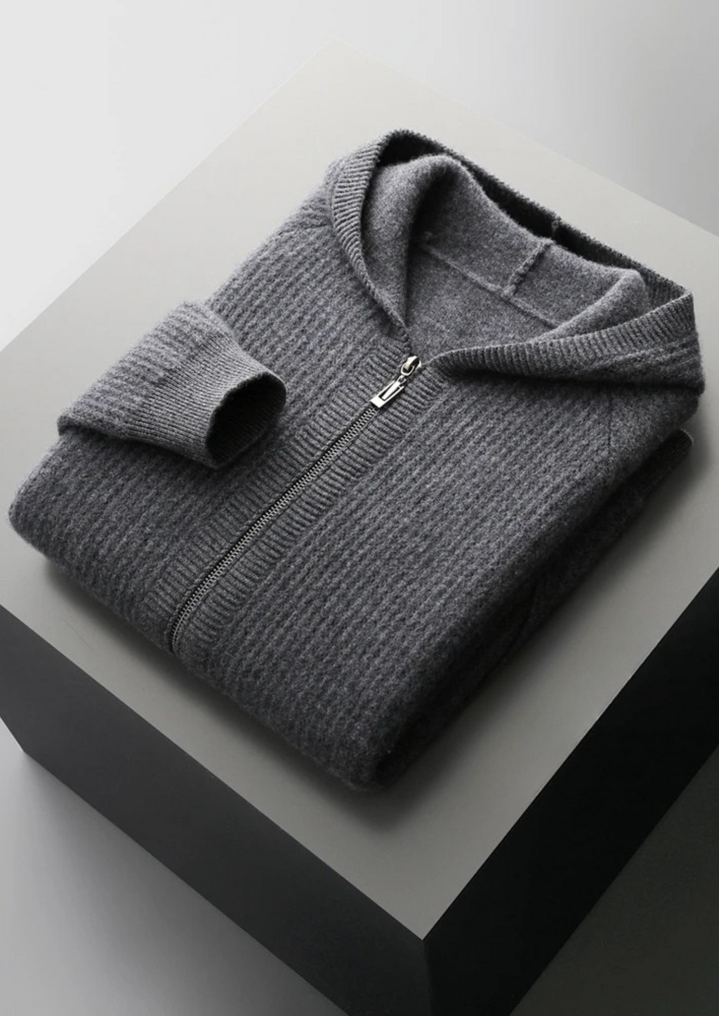 PURE EXTRA-FINE MERINO WOOL RIBBED ZIPPER HOODIE