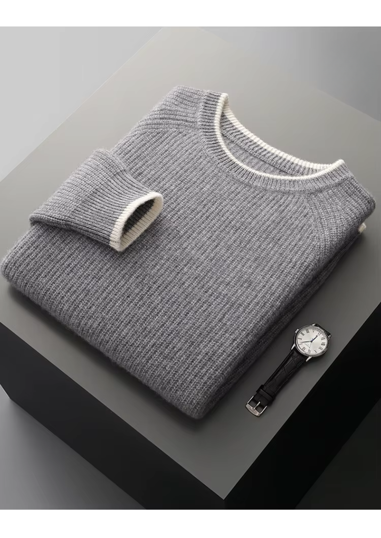 PURE EXTRA-FINE MERINO WOOL TWO TONE CREWNECK
