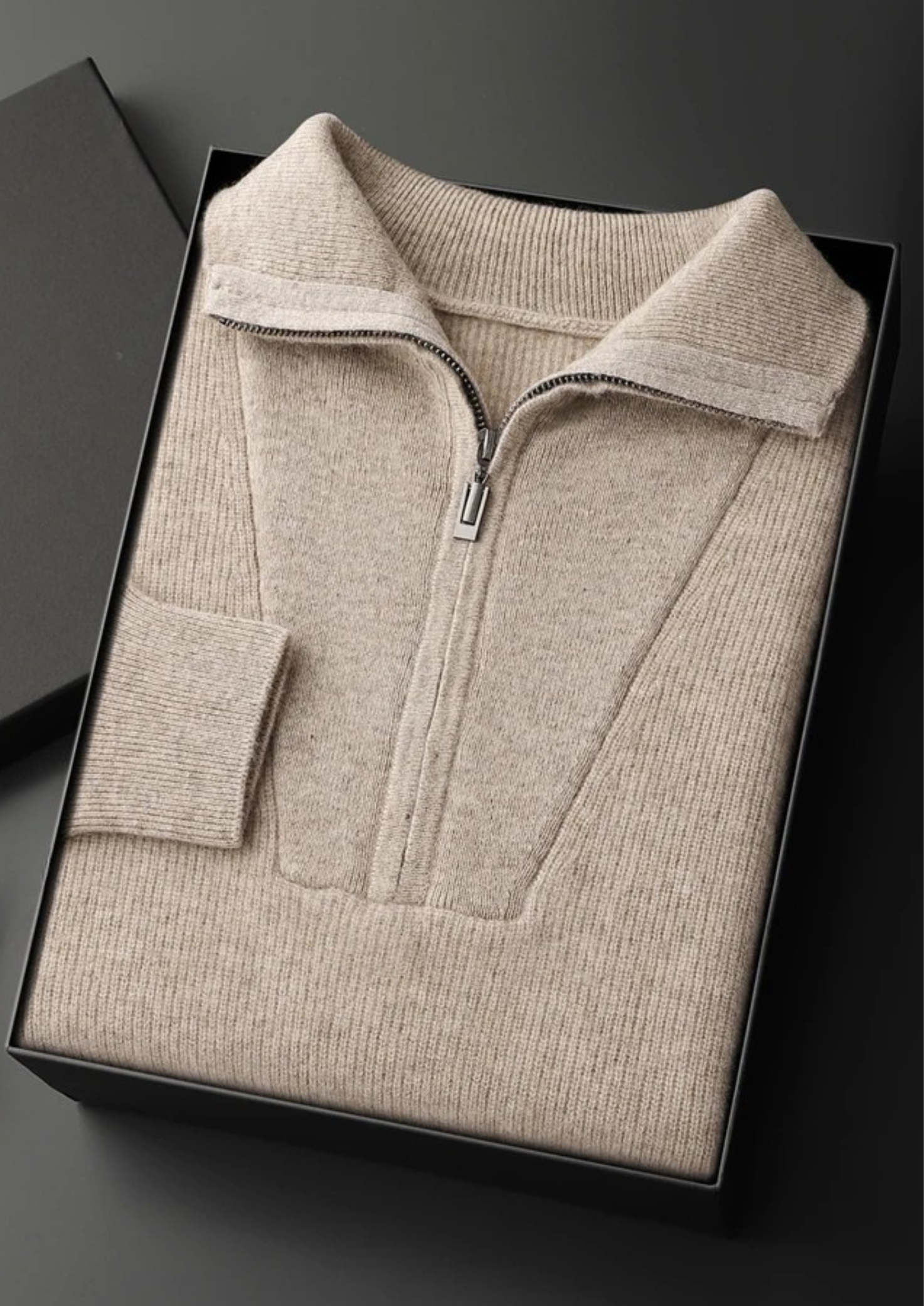 PREMIUM CASHMERE RIBBED HALF-ZIP SWEATER