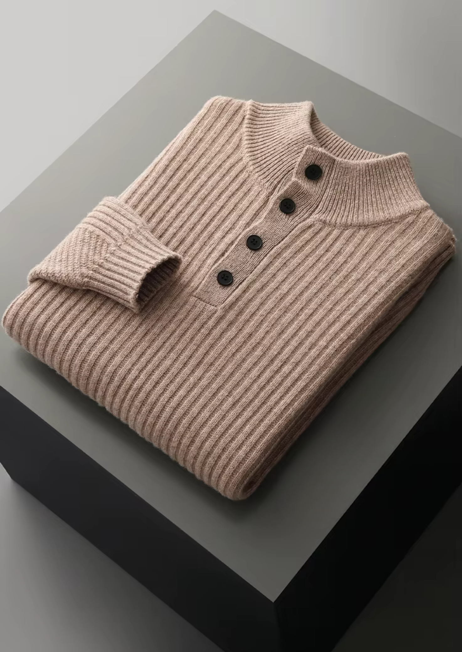 PURE EXTRA-FINE MERINO WOOL RIBBED HENLEY SWEATER