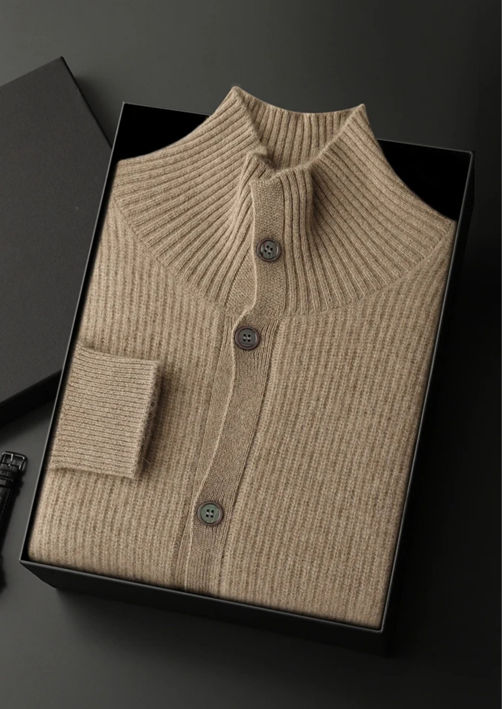 PREMIUM CASHMERE RIBBED HIGH COLLAR CARDIGAN