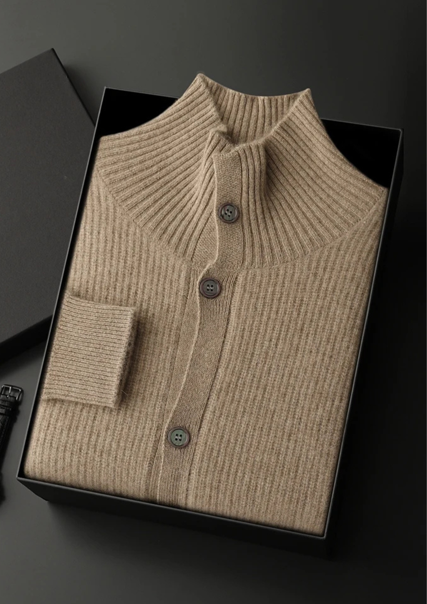 PREMIUM CASHMERE RIBBED HIGH COLLAR CARDIGAN