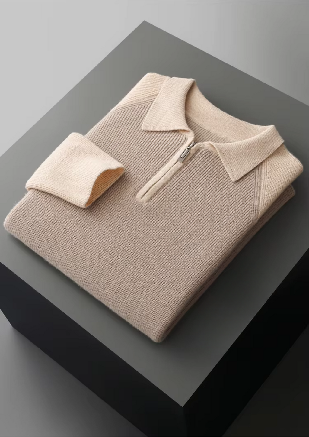 PURE EXTRA-FINE MERINO WOOL TWO TONE ZIPPER SWEATER POLO