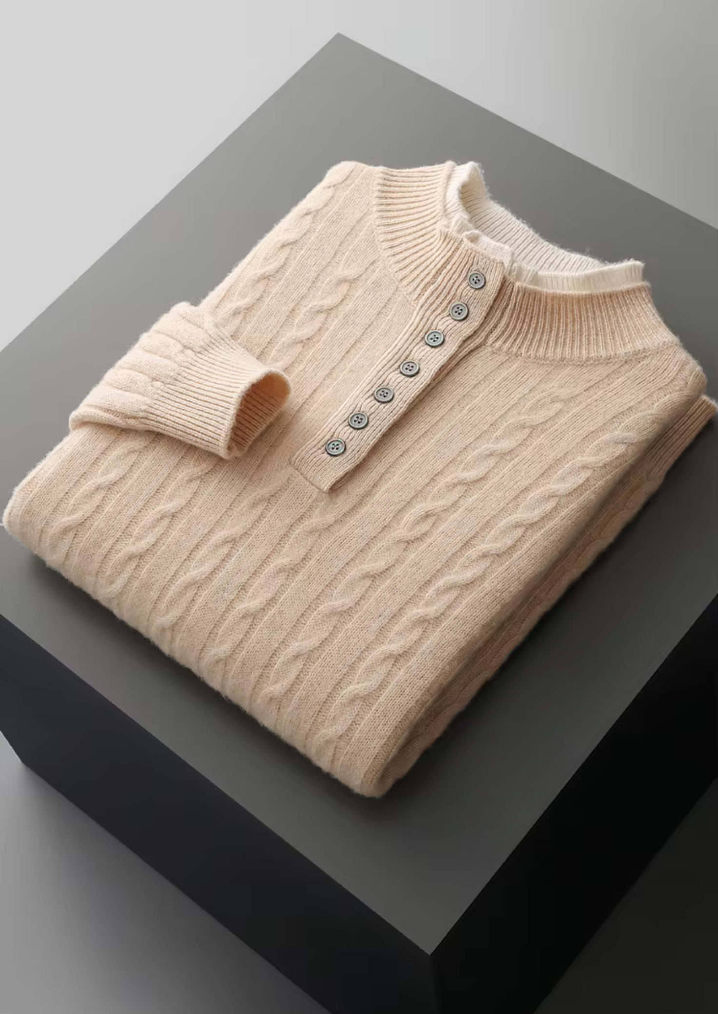 PURE EXTRA-FINE MERINO WOOL CABLE KNIT HENLEY SWEATER